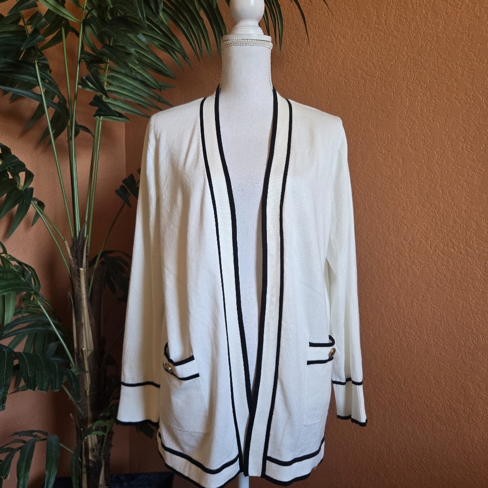 3/$25 Essentials Milano Open Front Cardigan Black White Large Classic
